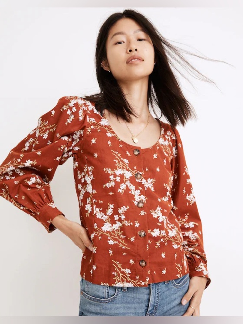 Madewell Top Womens Medium‎ Orange Corduroy Floral Puff Sleeve Boho Cottagecore